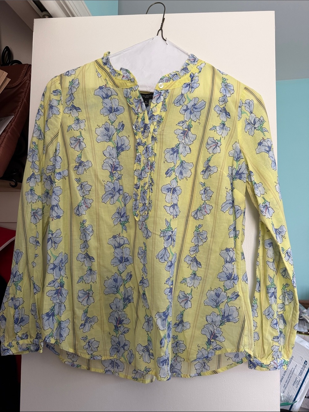 Talbots Yellow Button-Front Floral Blouse with Blue Print